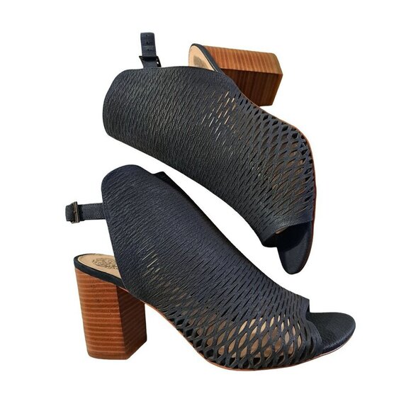 VINCE CAMUTO Badesti Black Suede Laser Cut Open Toe High Heel Booties NWOB Size - Picture 2 of 11